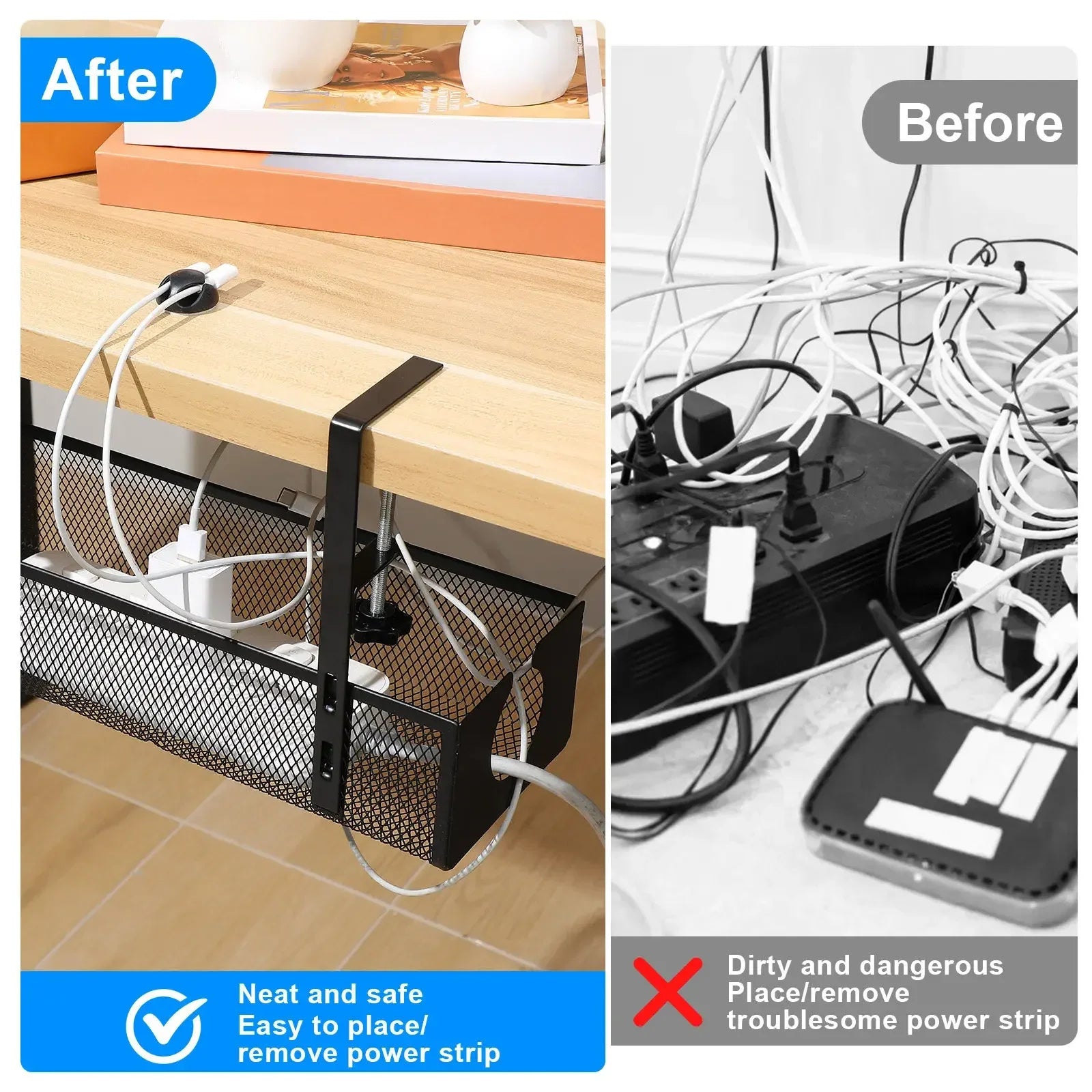 No-Drill Under-Desk Cable Organizer Tray Easy-Install Metal Cable Wire Tray Management for Office Home Power Strip Cord Holder from PriceLows™