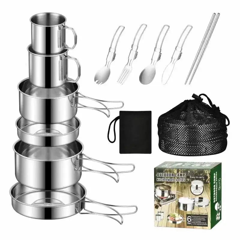 12PCS Adventure Camp Cook Set Camping Pots and Pans Family Cookset Non-toxic 304 Stainless Steel Kitchenware Set Foldable from PriceLows™