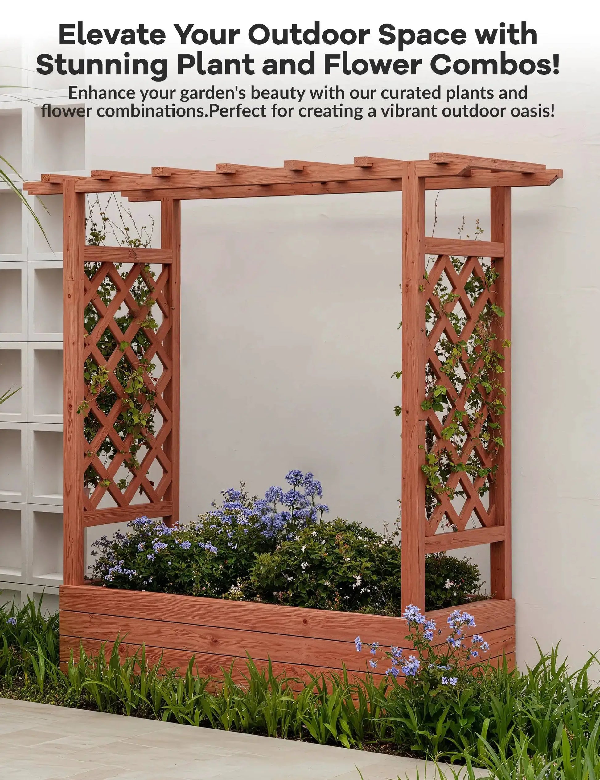 Elevated Wooden Raised Garden Bed with Trellis/Canopy/Drainage Hole Freestanding Planter Box for Climbing Plants Vines Blossoms from PriceLows™