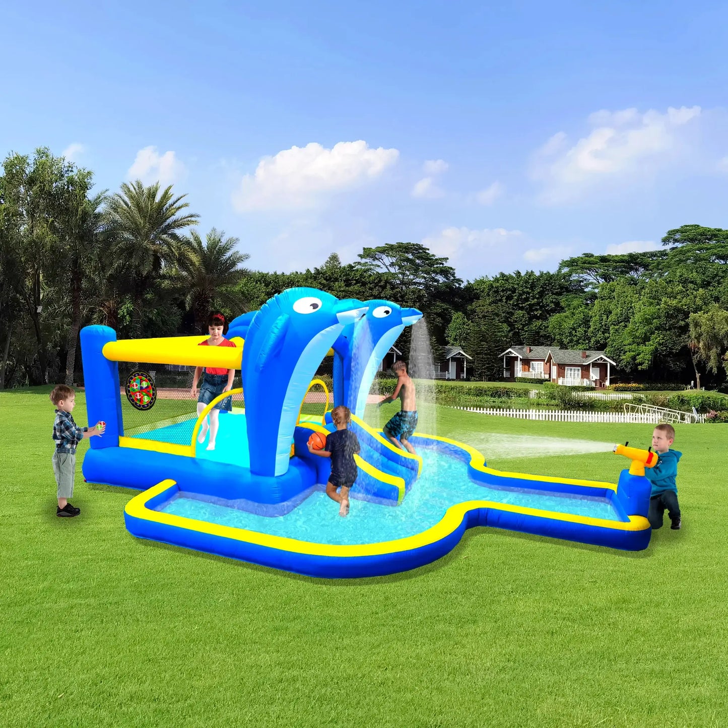 8 in1 Inflatable Slide Water Park Trampoline Bouncing House Outdoor Garden With Dolphin Sprinkler Target Games Water Gun Basketb from PriceLows™