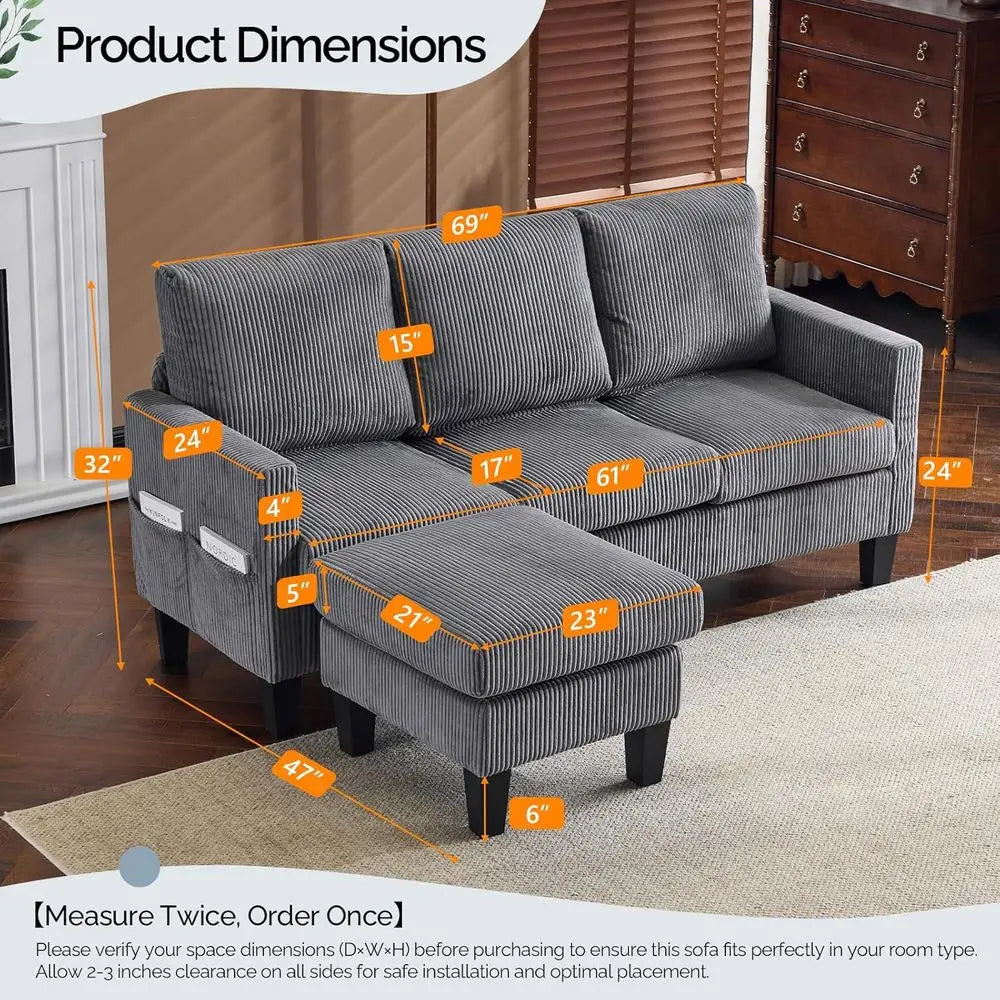 L-Shaped Sectional Sofa | Reversible Chaise | Storage Ottoman | 68.5 Inch Length