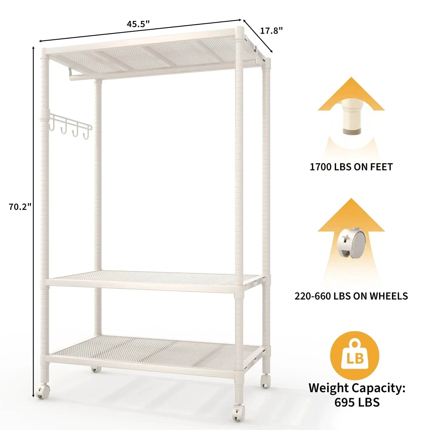 Rolling Clothes Rack for Hanging Clothes, Garment Rack with Storage Shelf and Side Hooks, Clothing Rack for Bedroom, Living Room from PriceLows™