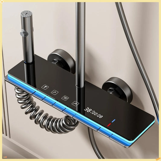 Grey Shower System with Ambient Light Intelligent Digital Shower Faucet Set Temperature Display Rainlfall Bathroom Shower Set from PriceLows™