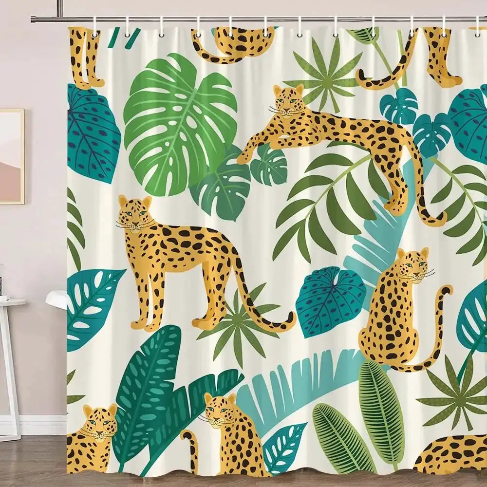 Boho Cheetah Shower Curtain,Tropical Leopard Wildlife Bath Curtain,Modern Pink Aesthetic Moon Phase Blue Floral Bathroom Curtain from PriceLows™