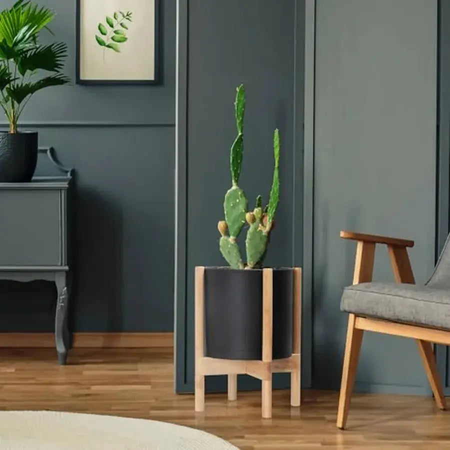 12 Inch Plastic Cylinder Planter Pot with Wooden Stand for Indoor Use Matte Black Pot + Natural Wood Holder Modern Decorative F from PriceLows™