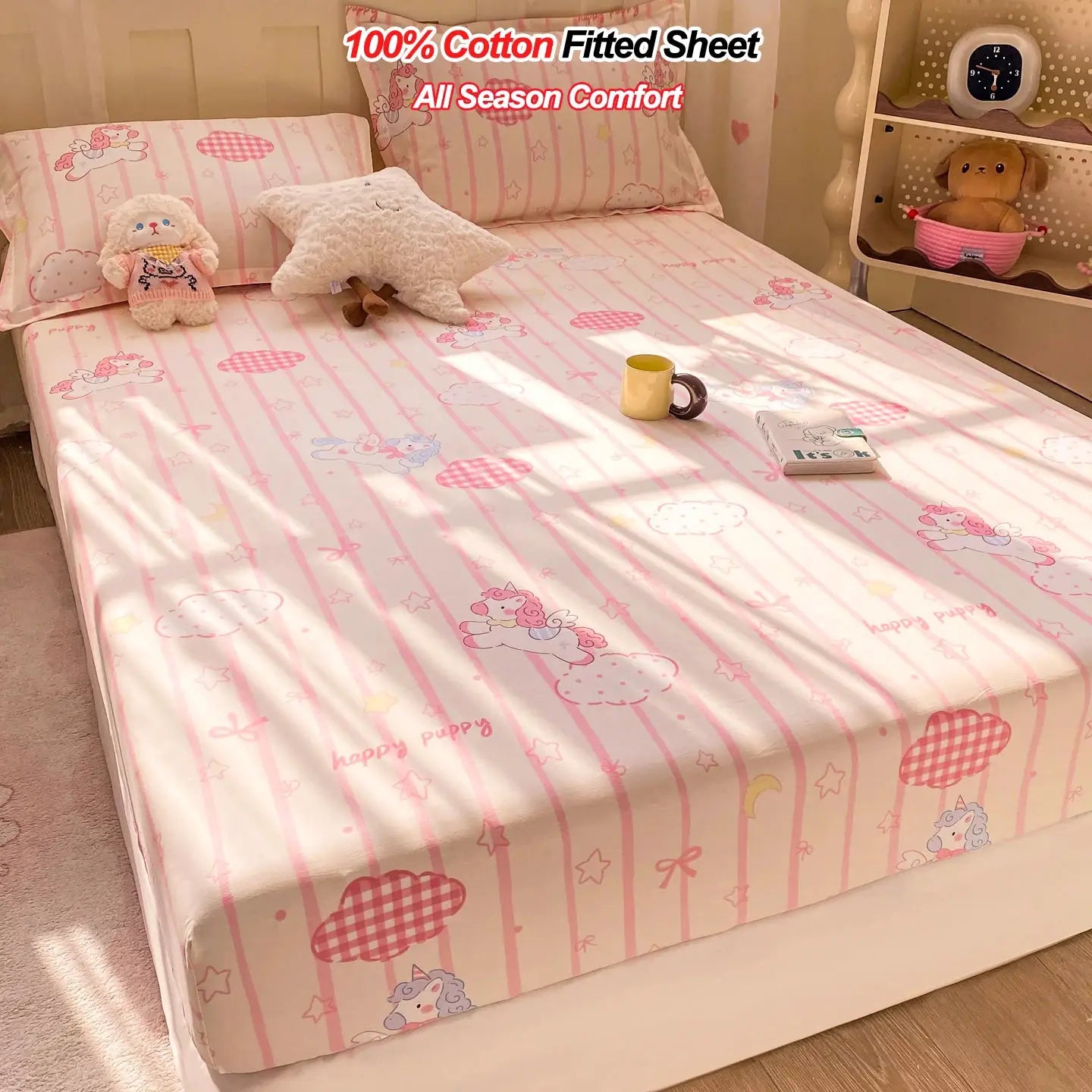 100% Cotton Fitted Sheet, Soft Breathable Cartoon Print Mattress Cover, 25cm Deep Pocket Wrinkle Resistant for 1/2 Person Size from PriceLows™