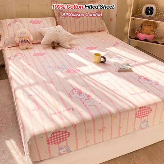 100% Cotton Fitted Sheet, Soft Breathable Cartoon Print Mattress Cover, 25cm Deep Pocket Wrinkle Resistant for 1/2 Person Size from PriceLows™