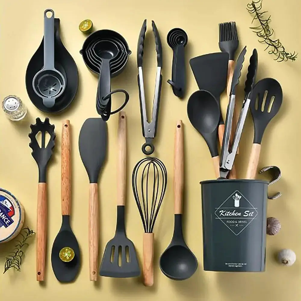 Silicone Kitchen Utensil Set | 34 Piece Collection | Wooden Handles | Black