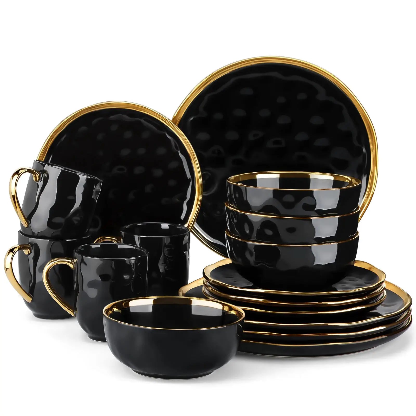 LOVECASA 16/32 Piece Black Porcelain Dinnerware Set with Gold Trim Dessert Plate,Dinner Plate,Cup,Bowl Tableware Set from PriceLows™