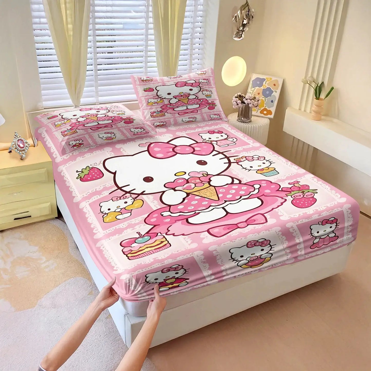 3Pcs Kawaii Hello Kitty Fitted Sheet Set With 2 Pillowcases purple Bed Sheet Soft Deep Pocket Bedding for Girls Bedroom Decor from PriceLows™