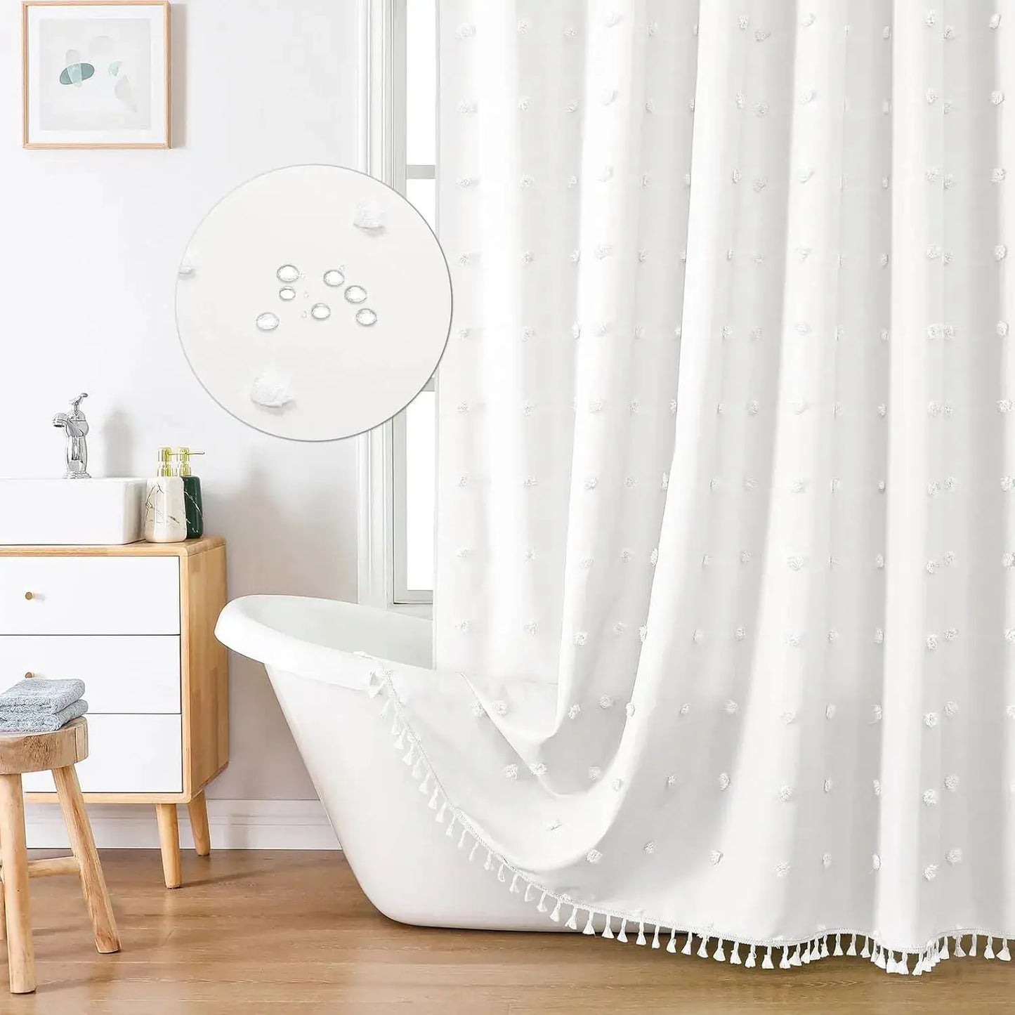 Bohemian Chic Polka Dot Shower Curtain with White Hooks - , Machine Washable Polyester Bathroom Decor from PriceLows™