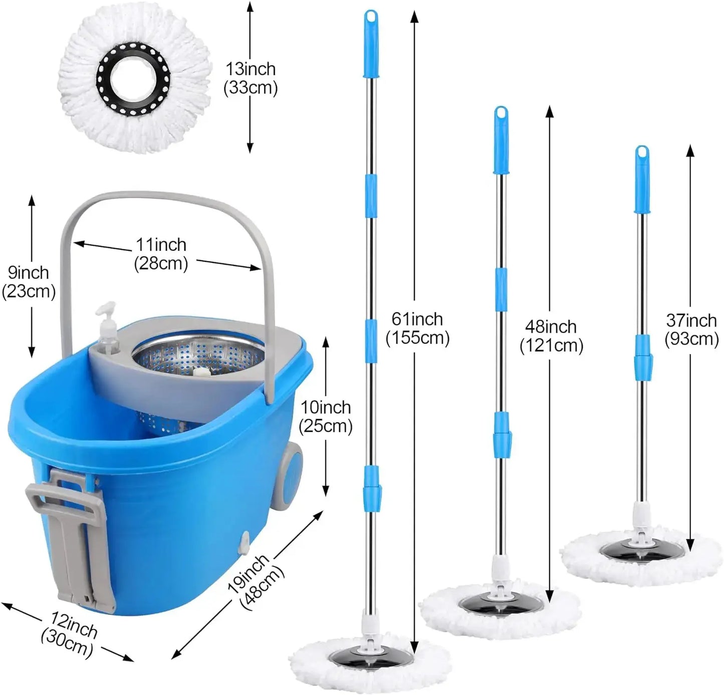 Blue Spin Mop Bucket Sets 360° Spinning Cleaning Tools with 3 Microfiber Replacement Heads, 61" Extended Handle Household Item from PriceLows™