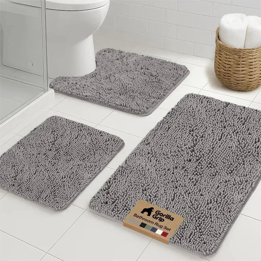Plush Chenille Bath Mat Set 3 Piece, Absorbent Shaggy Rugs with Rubber Backing for Bathroom, Includes Contour Toilet Rug from PriceLows™