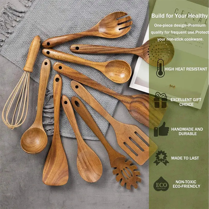 LMETJMA 10 Pack Natural Teak Wooden Kitchen Utensil Set Wooden Spoons Spatula Cooking Utensil Set For Cooking Baking JT503 from PriceLows™