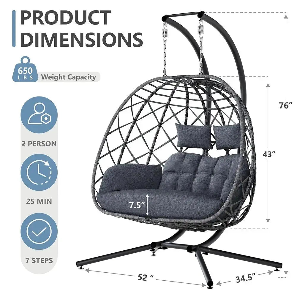 Double Egg Swing Chair with Stand, 2 Person Outdoor Indoor Hammock Hanging Chair with Cushion for Patio Living Room 650 LBS Cap from PriceLows™