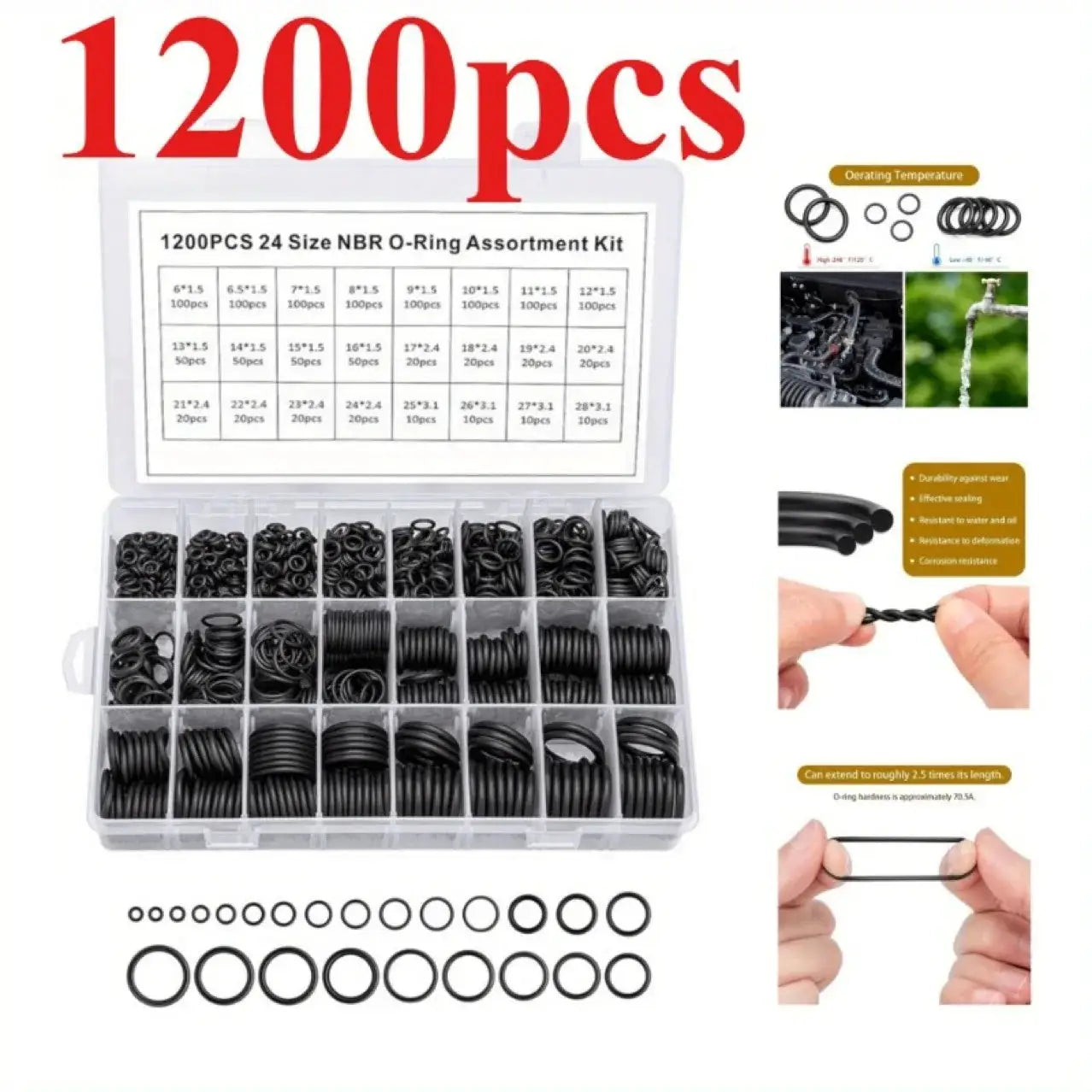 1200pcs NBR O-ring set nitrile rubber black O-ring oil-resistant, wear-resistant and waterproof NBR ORing sealing from PriceLows™
