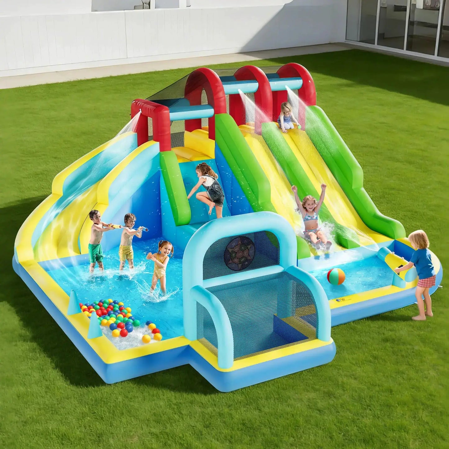 Inflatable Bounce House With 3 Slides, Water Slide Bouncy Castle With Splash Pool & Blower For Kids Indoor Outdoor Play Center Set from PriceLows™