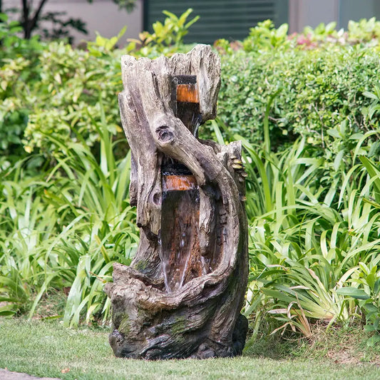 17.5x15.5x39.5" Indoor Outdoor Tree Trunk Fountain, Polyresin Rusitic Floor Standing Waterfall Fountain with Light, Natural from PriceLows™