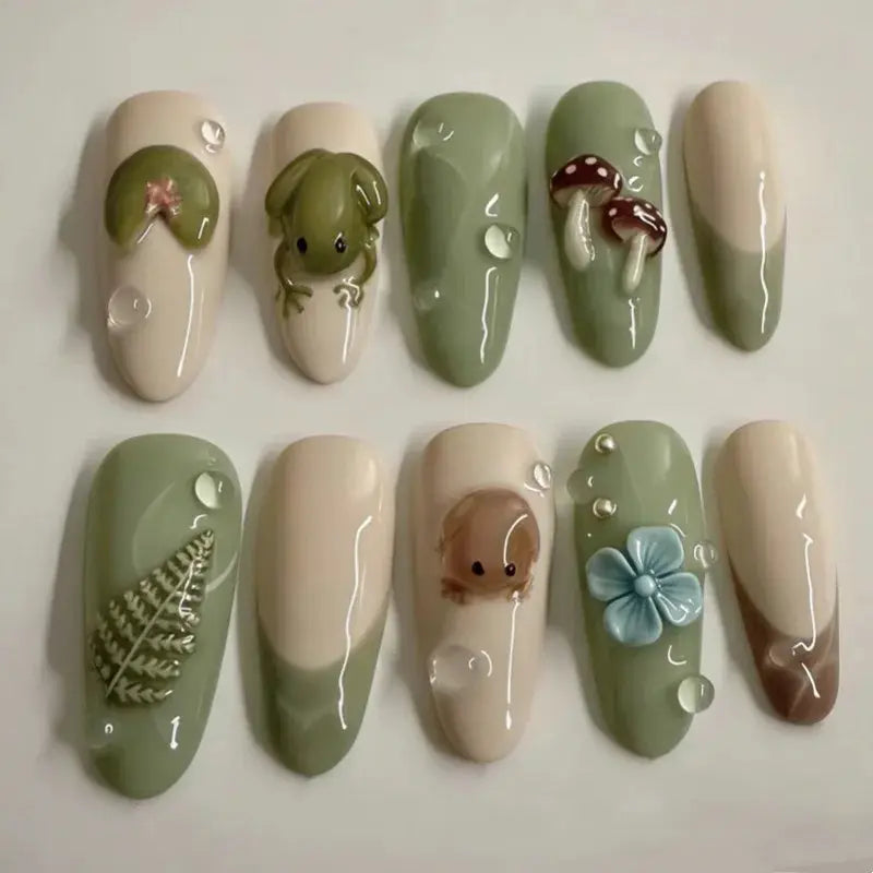 Press On Nails | Almond Shape | Green Lotus Frog Design | 24 Piece Kit