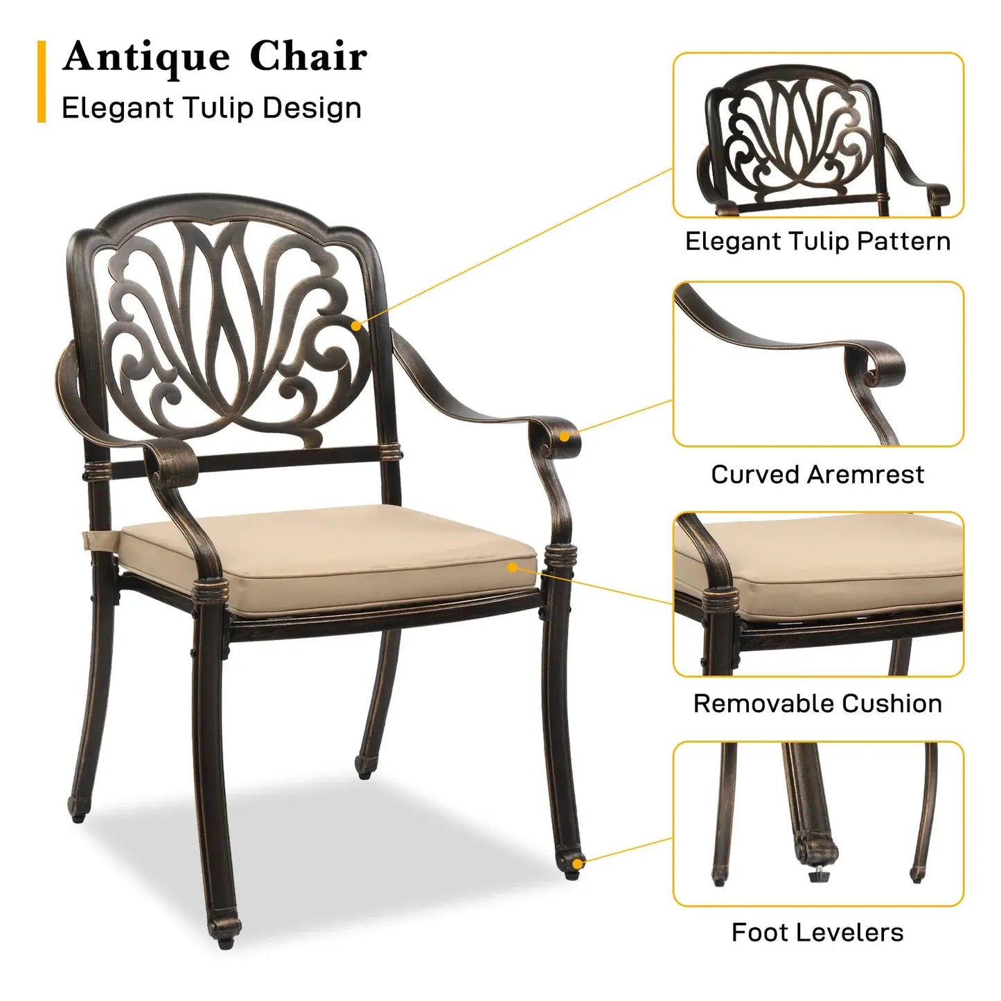 Set of 2 Cast Aluminum Patio Dining Chairs with Cushions, Stackable Outdoor Bistro Chairs for Balcony Backyard Antique Bronze from PriceLows™