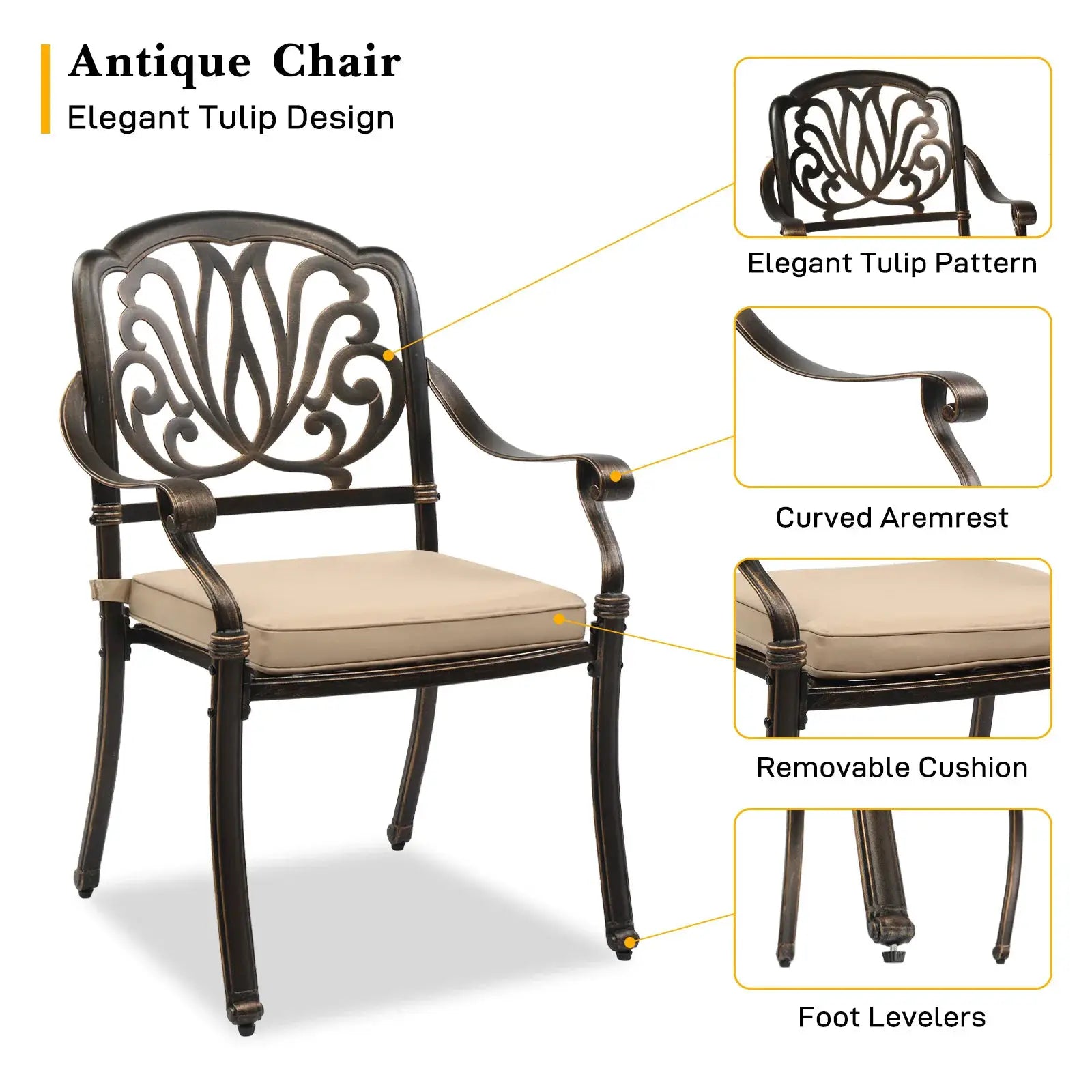 Set of 2 Cast Aluminum Patio Dining Chairs with Cushions, Stackable Outdoor Bistro Chairs for Balcony Backyard Antique Bronze from PriceLows™