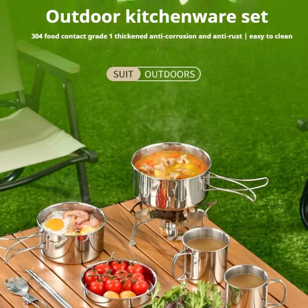 12PCS Adventure Camp Cook Set Camping Pots and Pans Family Cookset Non-toxic 304 Stainless Steel Kitchenware Set Foldable from PriceLows™