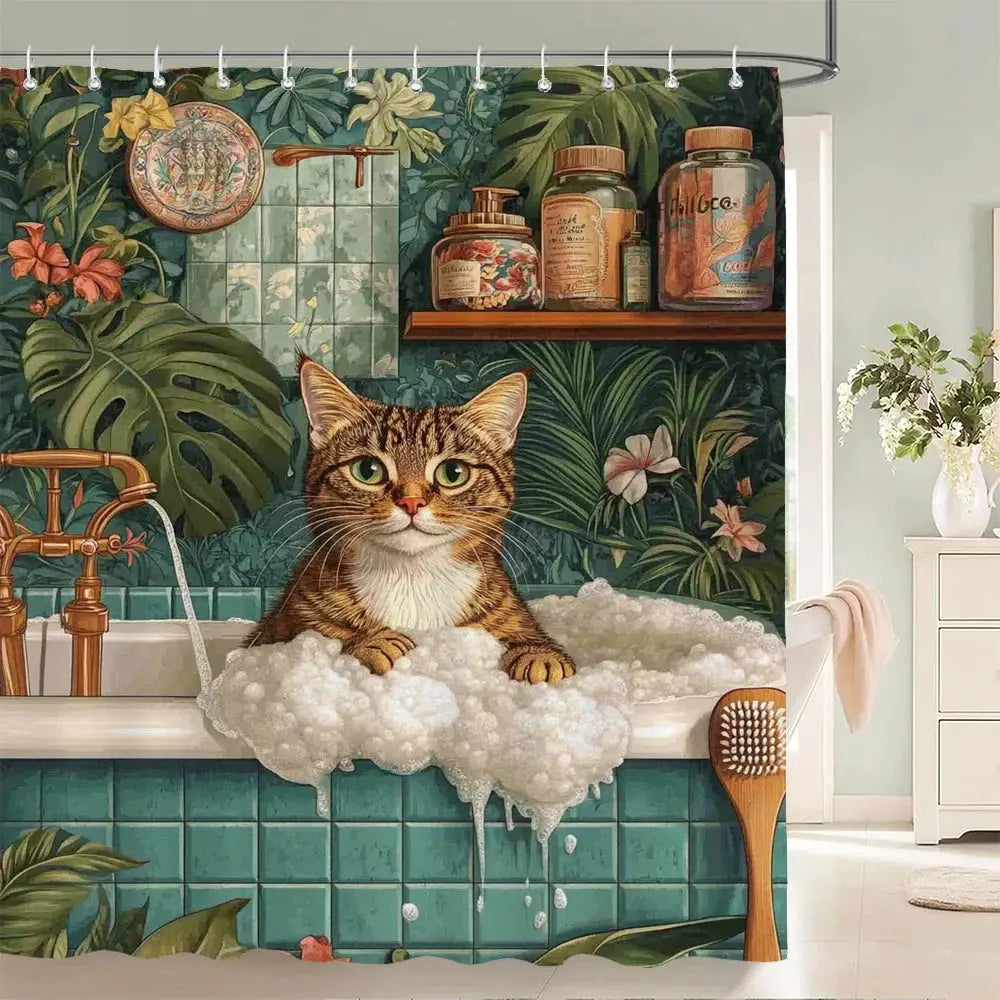 Nordic style Flowers Leaves Animals Shower Curtain Cat and Dog Printed Bathroom Bath Curtain Home Decoration Curtain With Hooks from PriceLows™