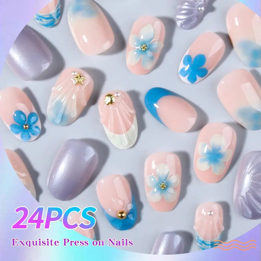 Press On Nails | Almond Shape | Whale Print Blue French Tip | 24 Piece Set