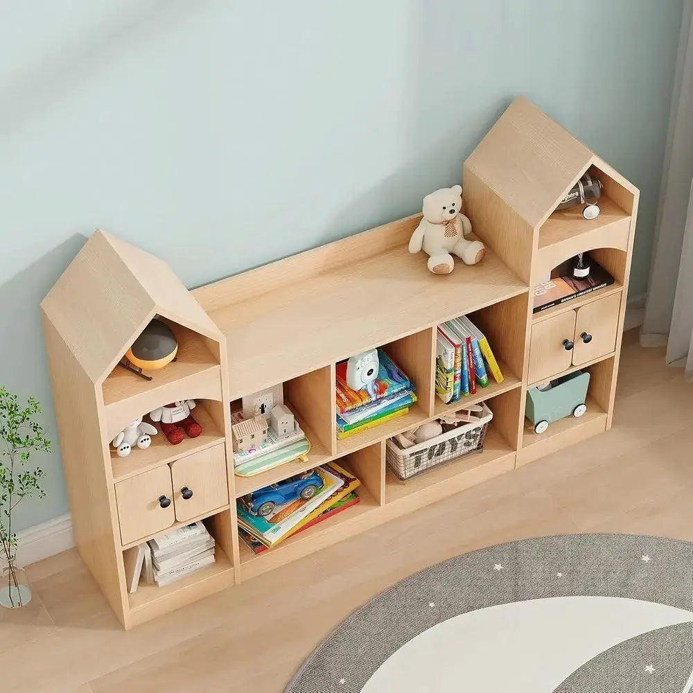 Children's Castle-Shaped Bookcase and Toy Organizer, Oak Finish, Multipurpose Storage for Playroom from PriceLows™