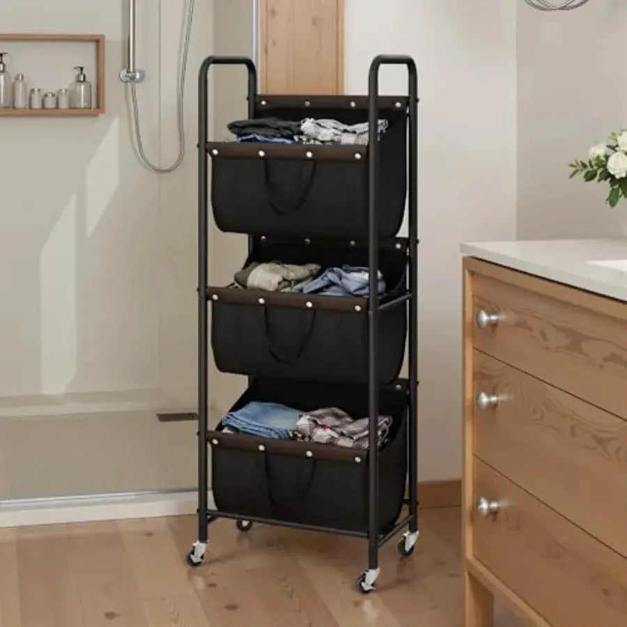 3 Tier Laundry Sorter, Laundry Basket with Wheels, Laundry Room Organization and Storage, 3 Section Rolling Laundry Cart for Do from PriceLows™