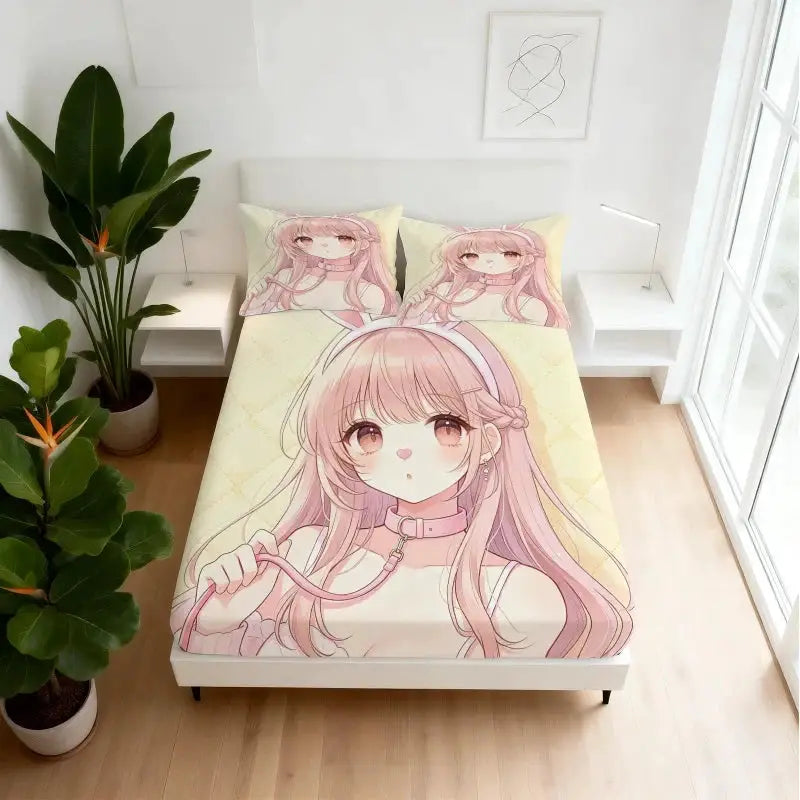 Sweet Animal Ear Girl Cartoon Print Fitted Sheet Set, Elastic Band Bed Cover, Essential for Bedroom Makeover & Gifts from PriceLows™