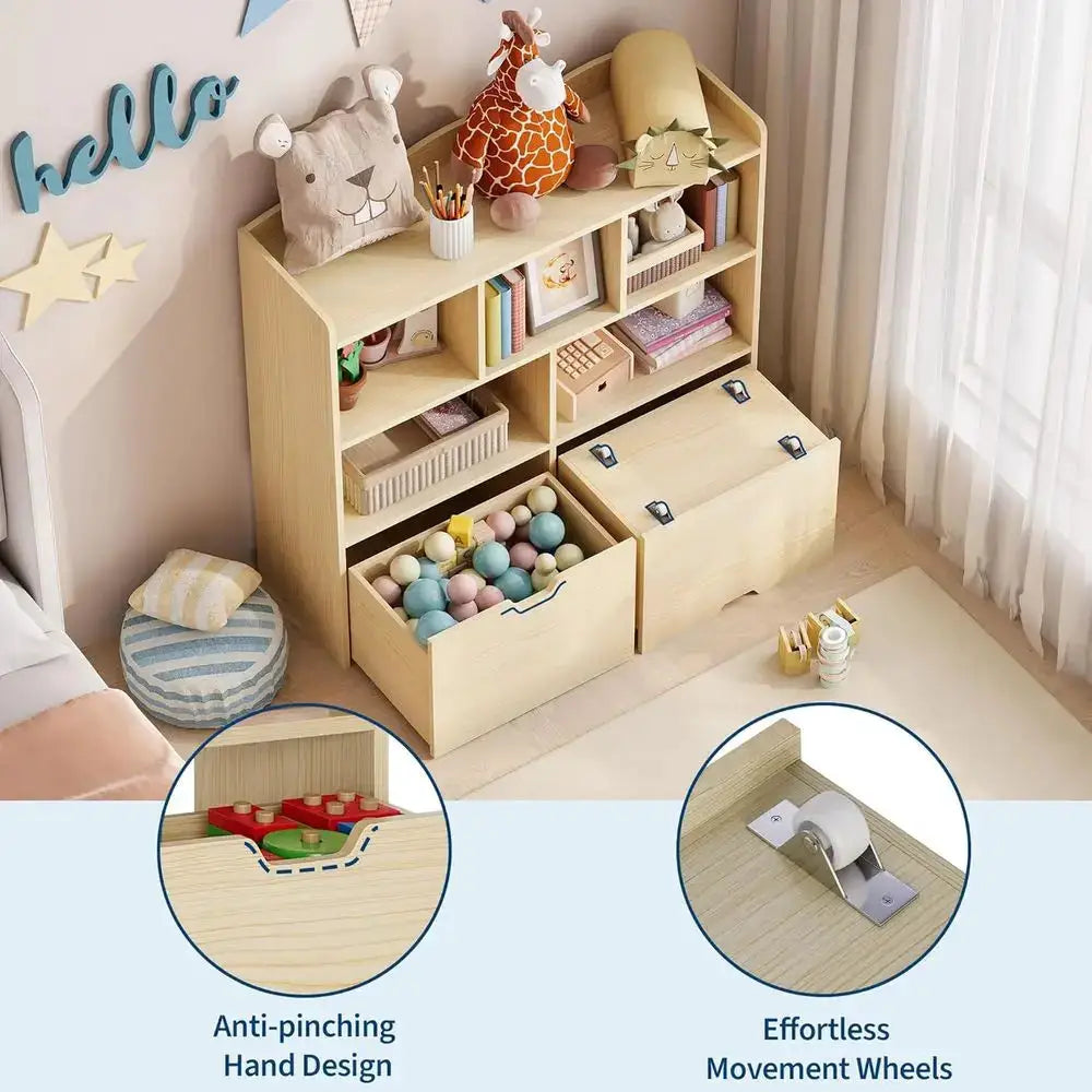 Children's Bookcase and Toy Storage Organizer with Movable Drawers, Natural Finish from PriceLows™