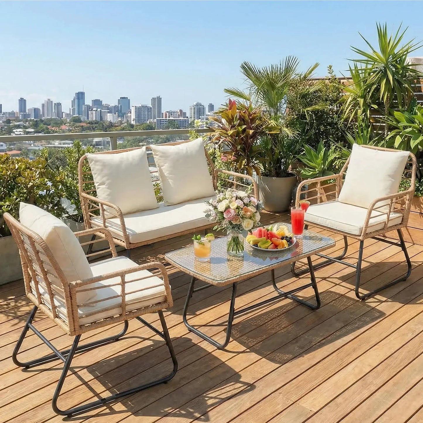 JHK Outdoor Wicker Patio Furniture Set 4 Pieces with Soft Cushion and Glass Table Manual Weaving Patio Chairs For Garden Lawn from PriceLows™