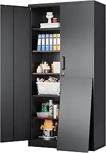 Metal Storage Cabinet with 2 Doors and 6 Shelves,72x36x18 Wide & Deep Garage Storage Cabinet,Tall Black Locking Metal Cabinets from PriceLows™