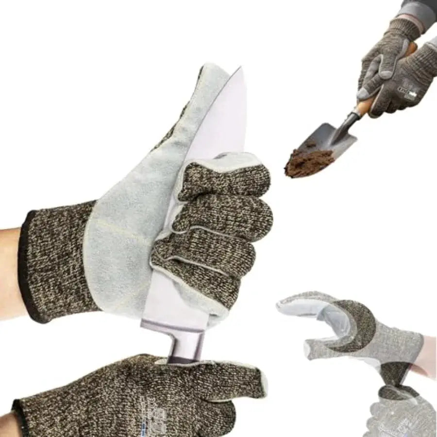 Gardening work gloves: Level 5 cut resistant, aramid suture, cow split leather, black, high dexterity and abrasion resistance, from PriceLows™