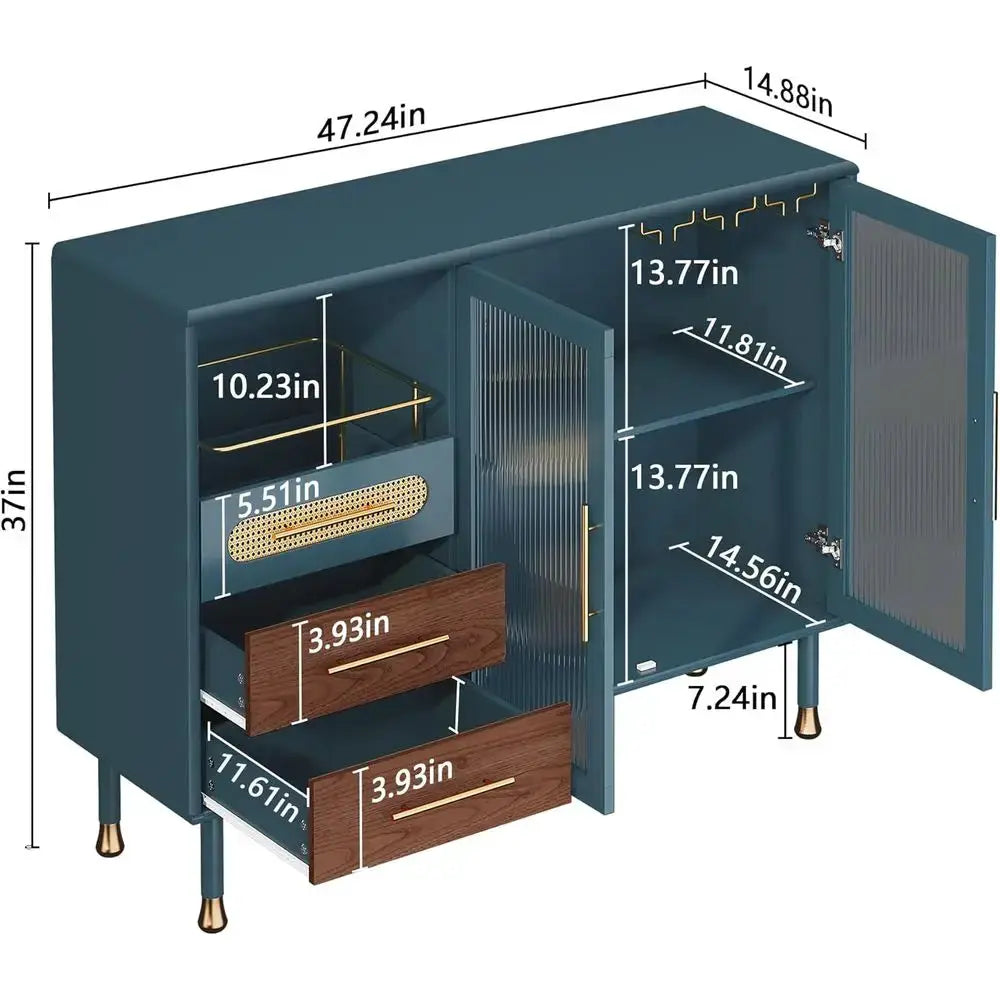 48-Inch Coffee Bar Cabinet with Wine Racks and Drawers, Blue Sideboard for Pull-Out Storage, Ideal for Home Bar Carts in Kitchen from PriceLows™