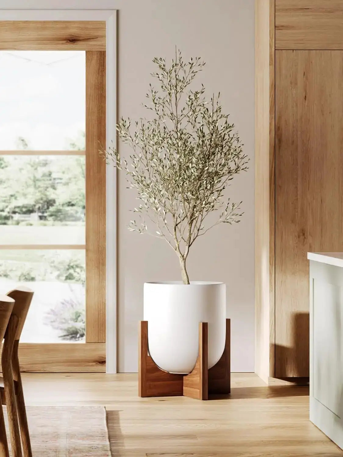 12 Inch Ceramic Plant Pot with Acacia Wood Stand, White Cylinder Planter with Drainage Hole, Indoor Planters for Living Room Office from PriceLows™
