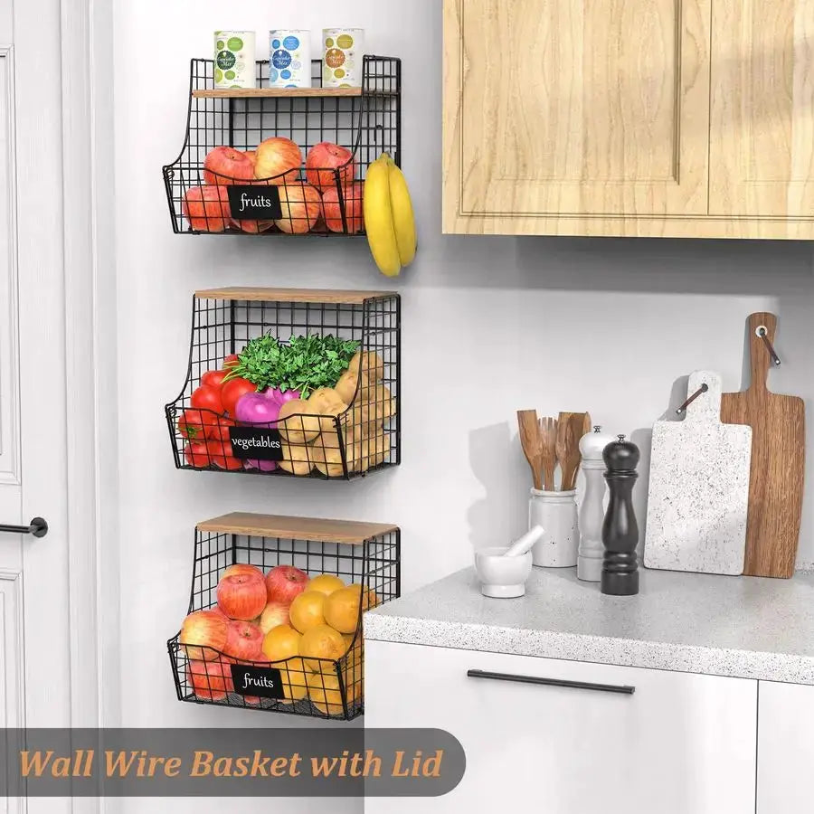 Pack Fruit Basket for Kitchen with Wood Lid CounterampWall Mounted Onion and Potato Storage with Nameplate, Stackable Storage Ba from PriceLows™