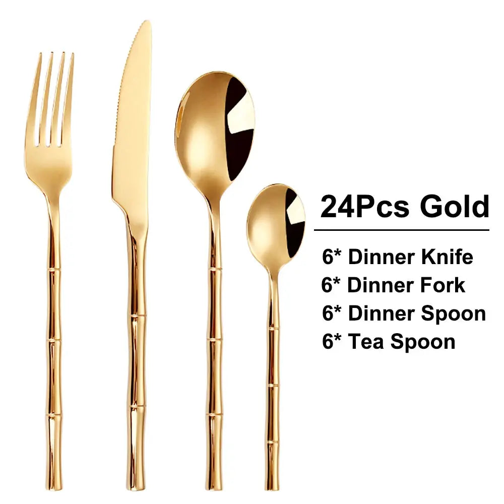 6/24/30Pcs Stainless Steel 304 Tableware Gold Cutlery Set Western Bamboo Shaped Handle Knife Fork Spoon Mirror Dinner Set from PriceLows™