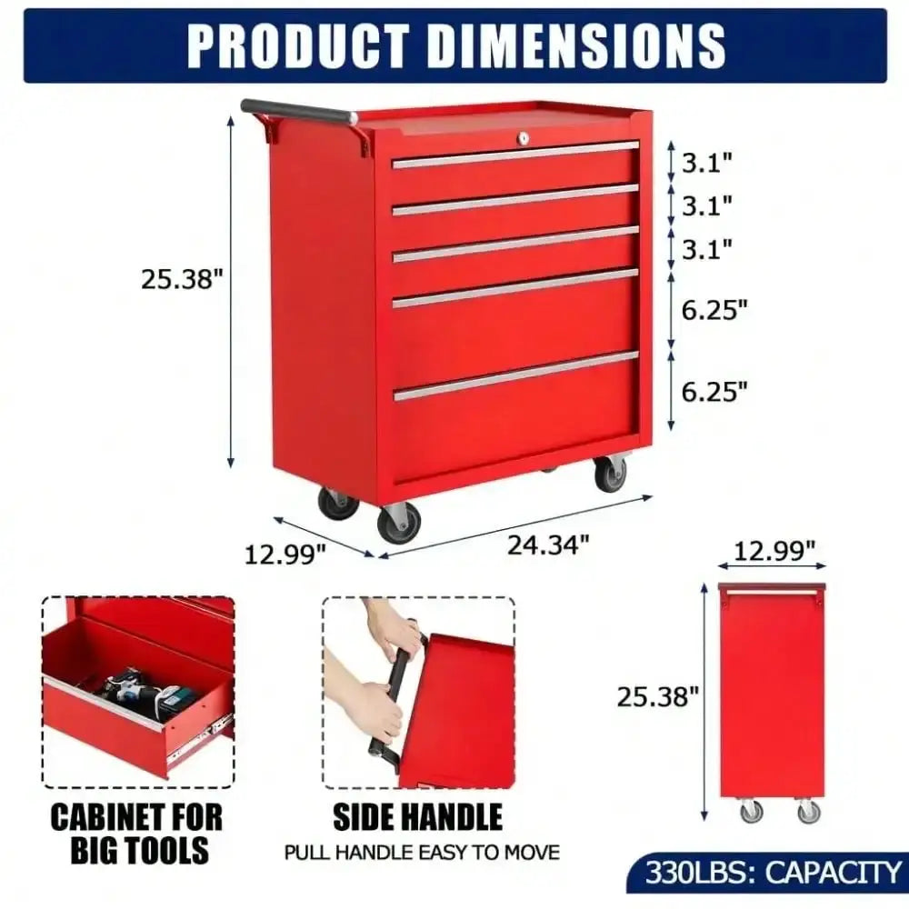 5-Drawer Rolling Tool Chest Organizer - Heavy-Duty Steel Mobile Cabinet With Lockable Wheels, Smooth-Glide Drawers, Protective Liners, Side Handle For Garage, Workshop, Warehouse from PriceLows™