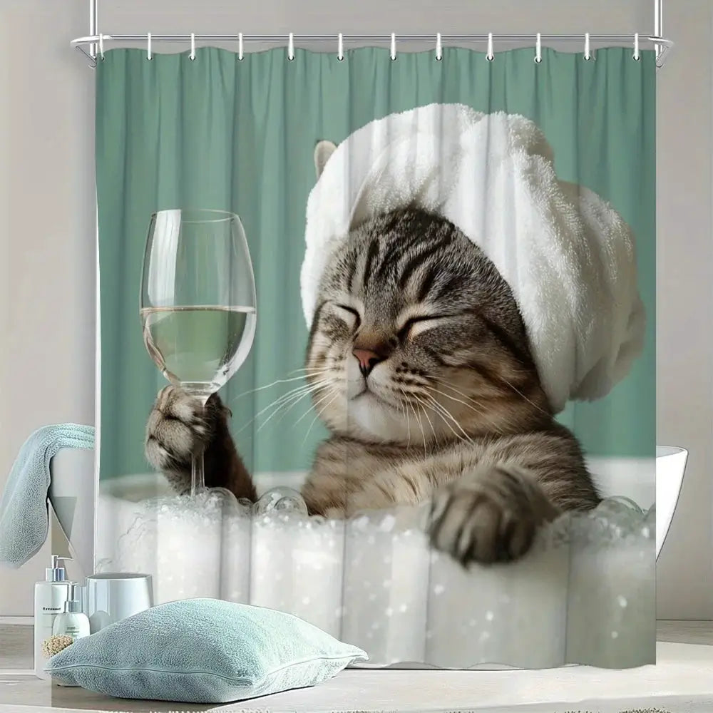 Funny Cat Shower Curtain, Tabby Cat in Bathtub with Wine Glass, Relaxing Spa Theme, Waterproof Bathroom Decor from PriceLows™