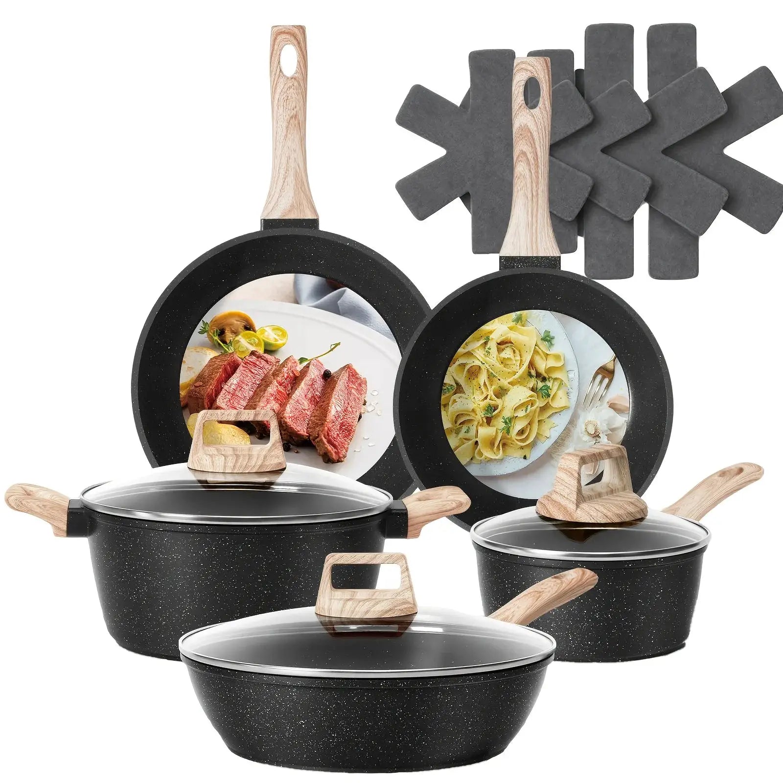 12pcs Pots And Pans Set, Non-Stick Kitchen Cookware Set, Cookware Black Granite Cooking Set with Frying Pan, Crock Pot, Steamer from PriceLows™