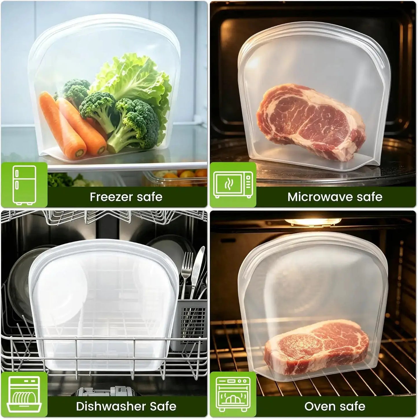 Silicone Food Storage Bags | 124oz Capacity | Stand Up Reusable Pouches | XL