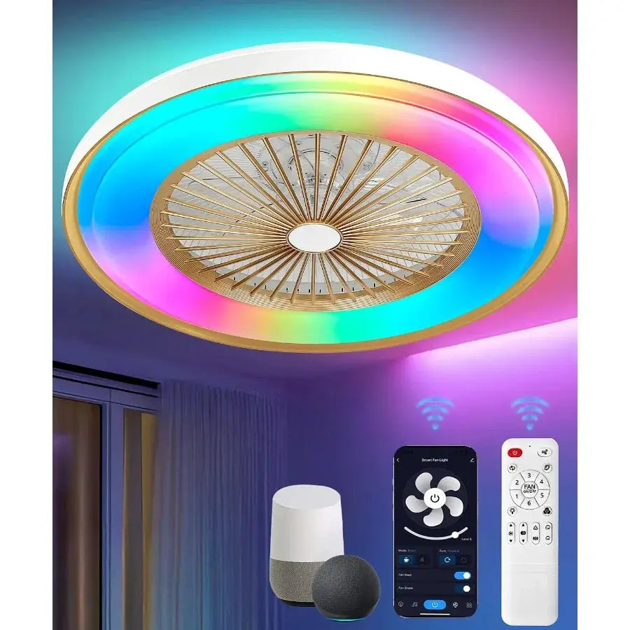 2in1 Low Profile Ceiling Fan with Light 24 Caged Safety Design for RGB Color Smart APP Remote Control Quiet Flush Mount DC Moto from PriceLows™