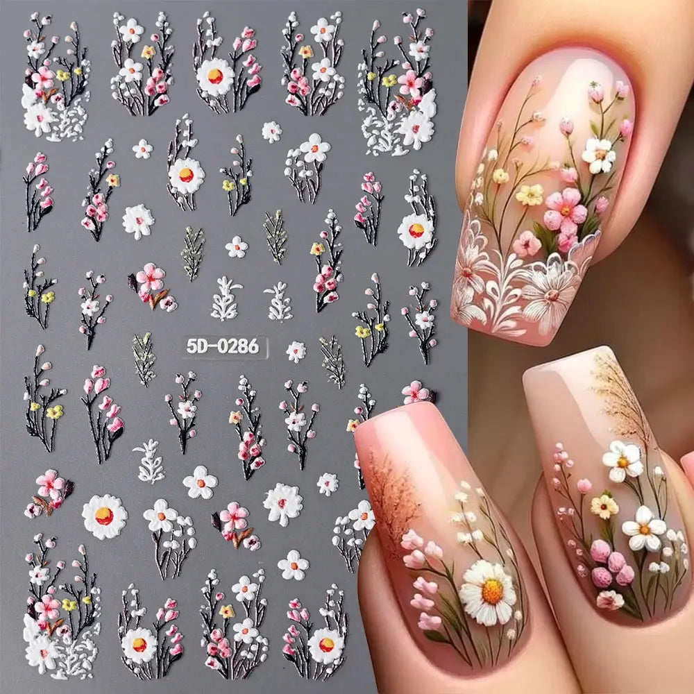 5D Pink Blue Floral Nail Art Stickers Petals Leaf Plant Embossed Nail Decals Spring Summer Flower Design for DIY Nail Supplies from PriceLows™