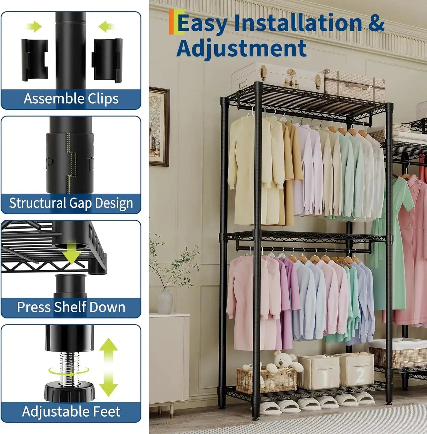 Heavy Duty Clothes Rails,Clothes Rack with 5 Hang Rods & 8 Shelves Freestanding Wardrobe Closet for Corner,Coat Rails from PriceLows™