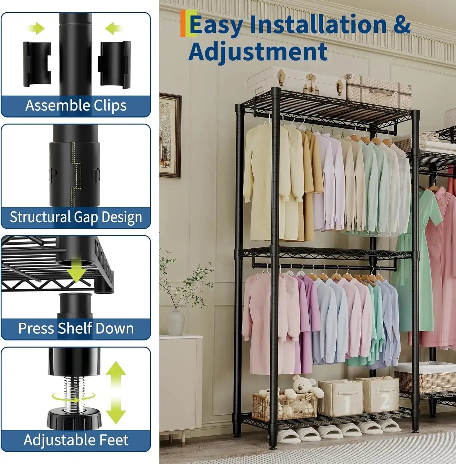 Heavy Duty Clothes Rails,Clothes Rack with 5 Hang Rods & 8 Shelves Freestanding Wardrobe Closet for Corner,Coat Rails from PriceLows™