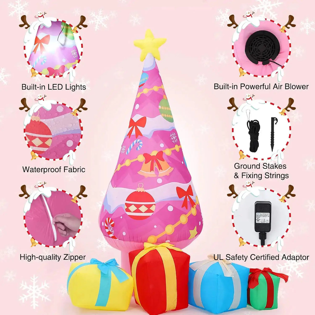 Christmas Tree Inflatables | 7Ft Pink | LED Lights | 4 Gift Box Decor