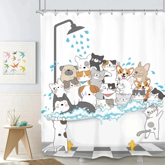 Funny Cat and Dog Shower Curtain Kids Cartoon Cute Pet Animals Bathtub Rain Shower Curtains Polyester Bathroom Decor with Hooks from PriceLows™