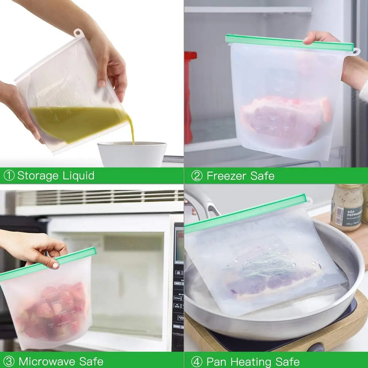 Silicone Food Storage Bags | Extra Thick | Leakproof | 6 Pack